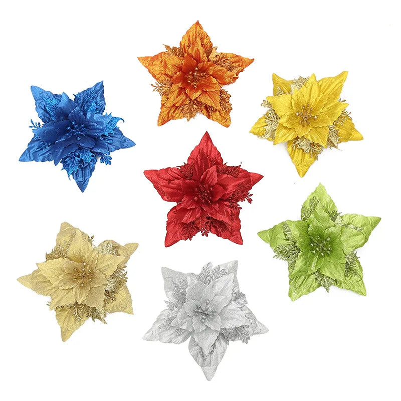 Wholesale Christmas Tree Decorative Ornaments Xmas Flower Artificial Christmas Glittered Poinsettia Flowers