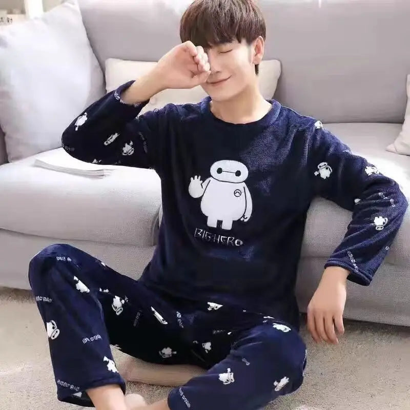 Men's Winter Sleepwear Sets Striped and Letter Printed Flannel Pyjamas Two-Piece Knitted Mens Sleepwear