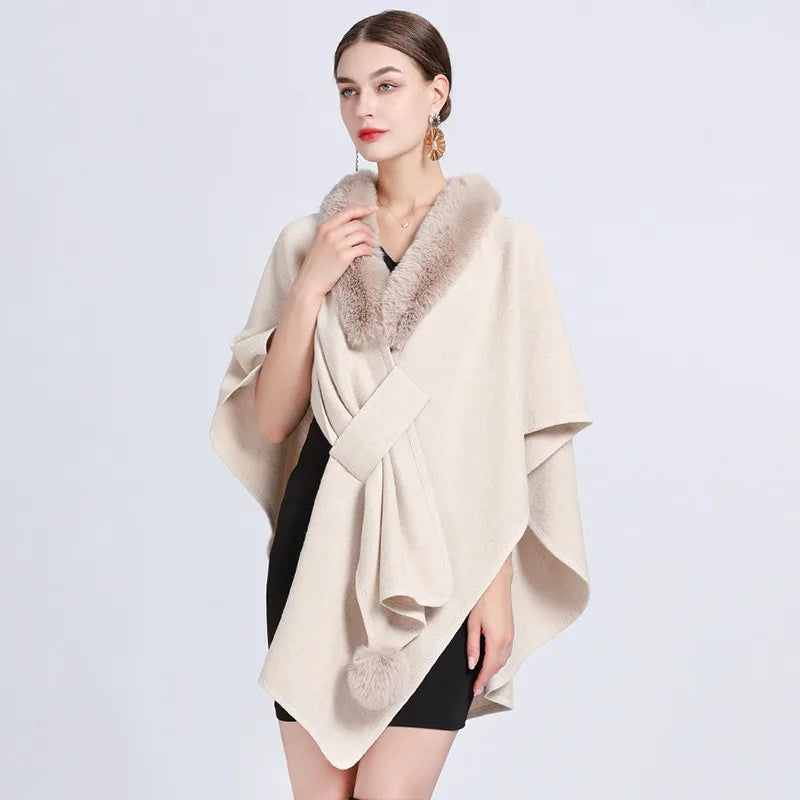 Solid Color Cloak Classic Luxury Warm Overcoat Women Rex Rabbit Faux Fur Shawl Feel Wrap Autumn Winter Cashmere Lady Adult
