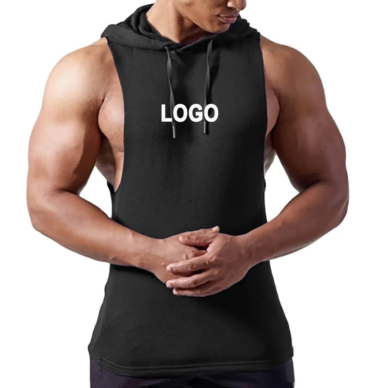 Men's Bodybuilding Muscle Hoody Activewear Cotton Spandex Cut Off Hooded Tank Top Fitness Apparel Sleeveless Gym Hoodies