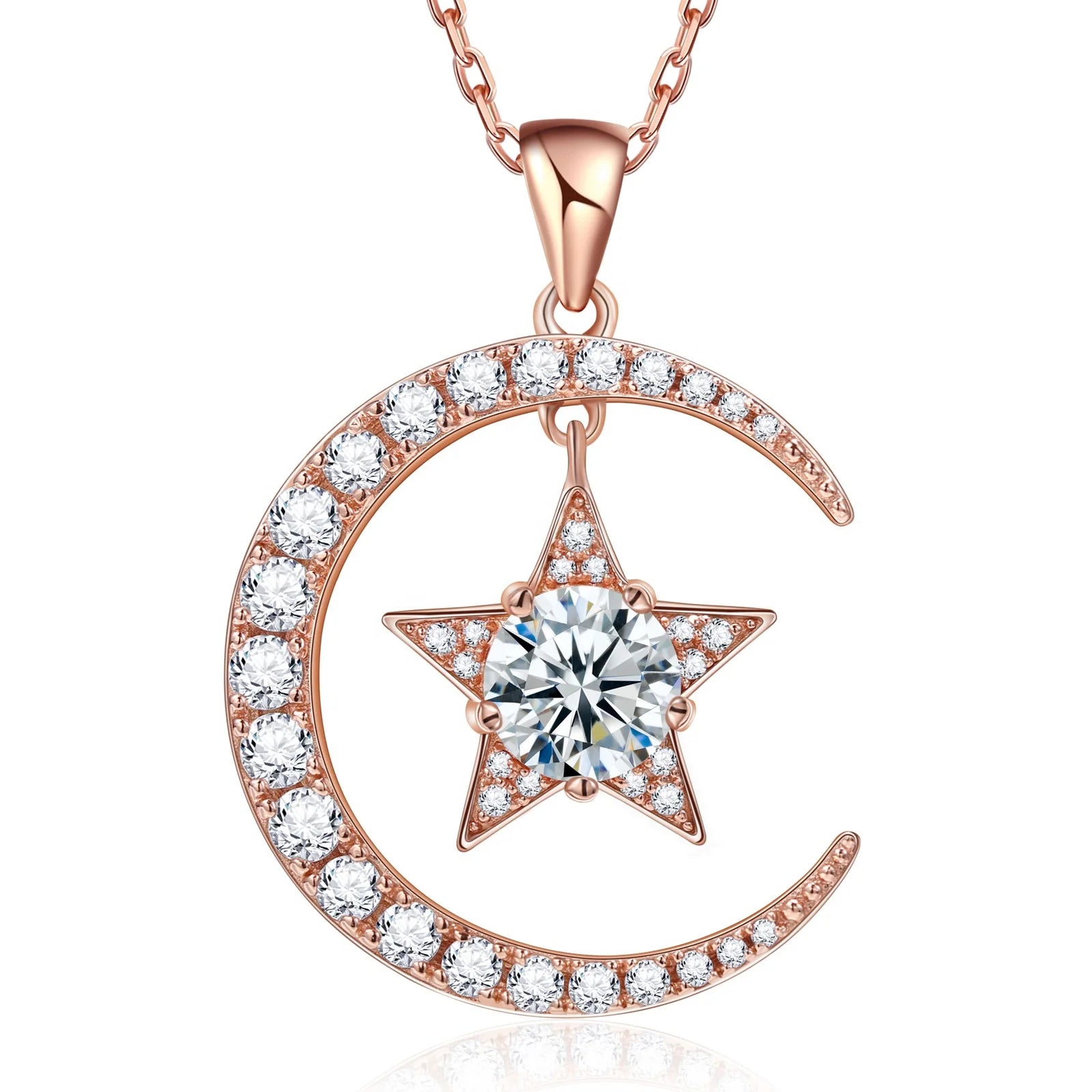 Moon&Star Design 1 Carat Round Diamond VVS Pendant 925 Silver Moissanite Necklace