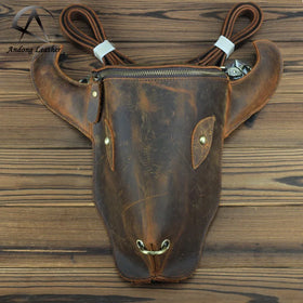 Andong Retro Crazy Horse Leather Shoulder Bull Head Simple Genuine Cow Leather Motorcycle Backpack Bags Men Women Backpacks