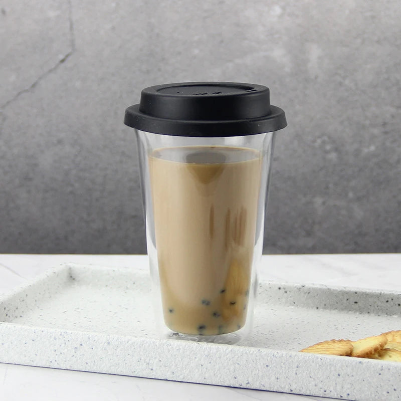 12-Ounce Reusable Clear Insulated Tea/Coffee Mug With Silicone Lid Portable Double Wall Glass Tumbler