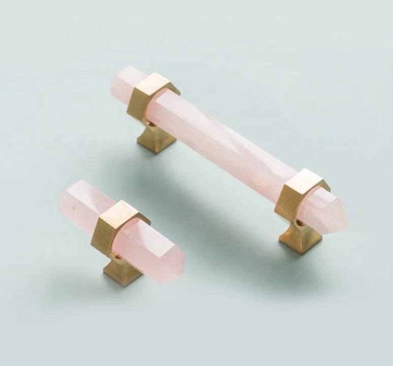 Low Price High Quality Furniture Drawer Knob Brass Natural Crystal Rose Quartz Handle