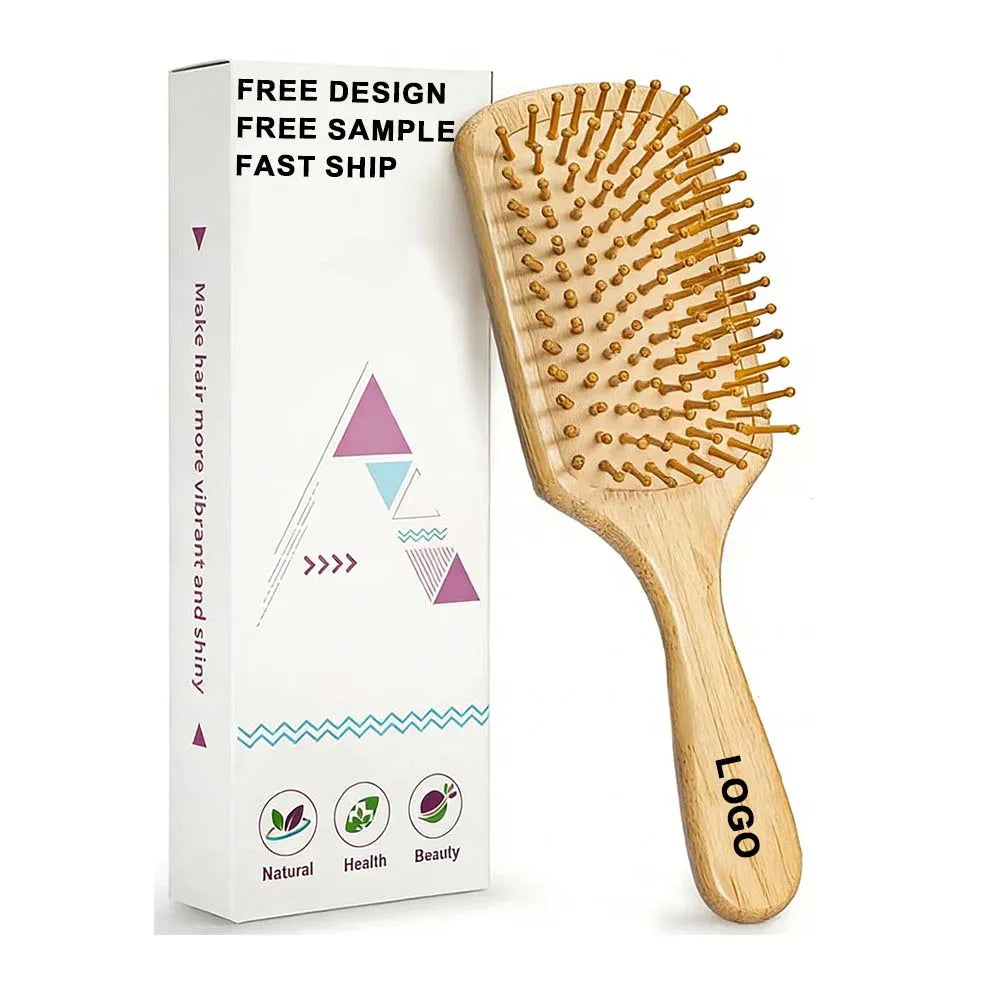 Custom Logo Bamboo Hair Brush Air Cushion Comb Detangling Hair Brush Natural Bamboo Paddle Brush Make Hair Smooth for Women