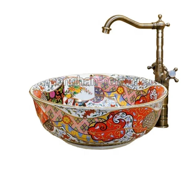 Luxury Chinese Traditional Style Ceramic Eco-Friendly Water Resistant Table Top Mounted Bathroom Sink Washbasin Singapore Design MegaBDM