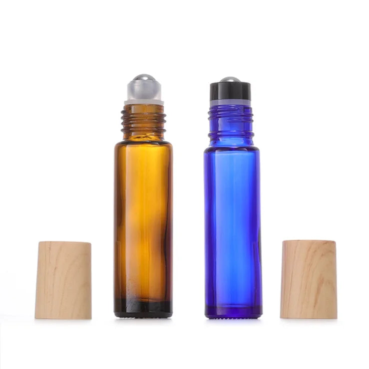 Wholesale Empty Roll on Cosmetic Packaging 10ml Black Holder Silver Steel Roller Ball Amber Blue Glass Perfume Bottle