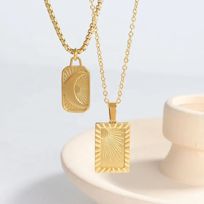 MICCI Wholesale Custom Women Jewelry PVD 18K Gold Plated Sunburst Rectangle Pendant Stainless Steel Sun Moon Necklace