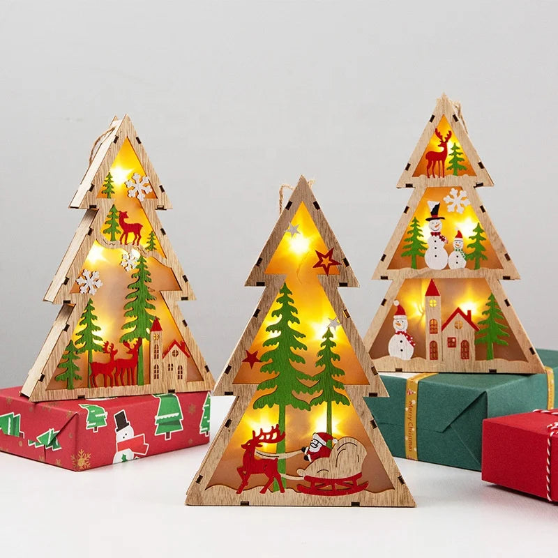 Christmas Home Decoration with Lights Crafts Wooden Decorations Christmas Party Wooden Pendant