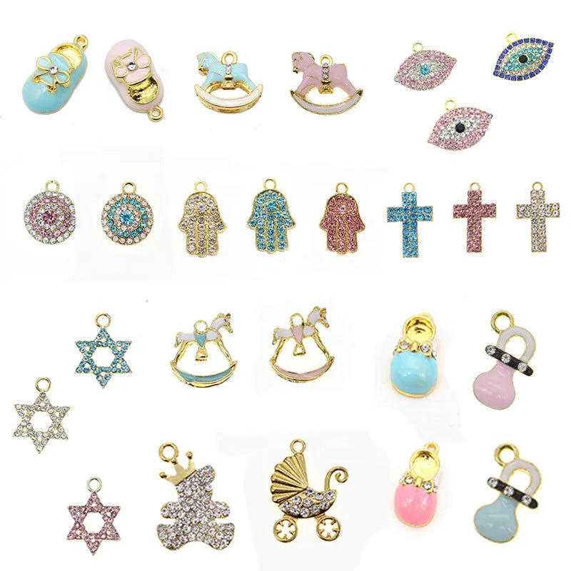 Baby Pink Rolling Horse Cross Hand Crystal Charms David Star Hamsa Shoes Rhinestone Enamel Charm for Diy Islam for Baby Pins