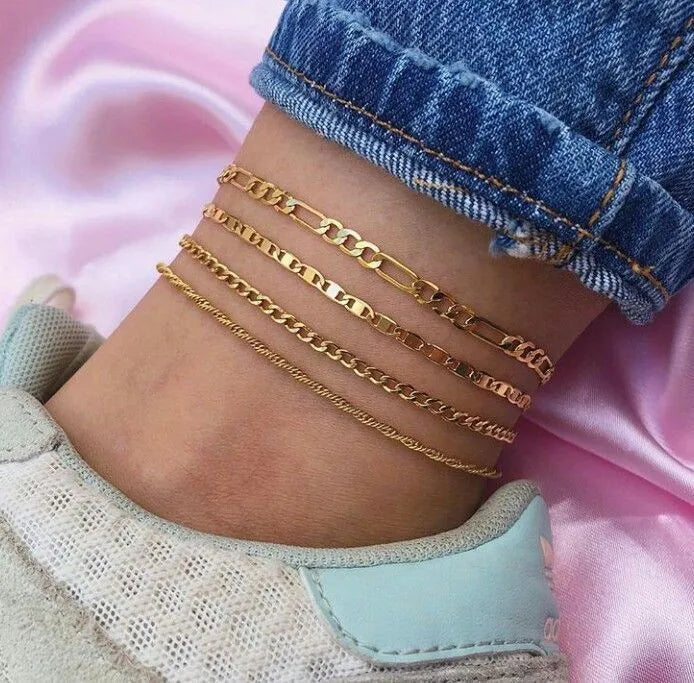 HOVANCI 4pcs Set Multilayer 18k Gold Plated Leg Chain Anklets Beach Foot Jewelry Layered Figaro Chain Anklet