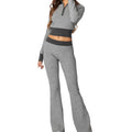 Customized Logo Women's Casual Two-Piece Set New Fashion Stand Collar Suit Solid Pattern Navel Top Flared Pants Knitting Fabric