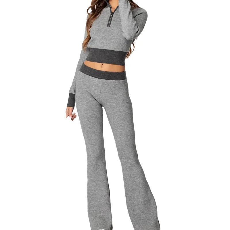 Customized Logo Women's Casual Two-Piece Set New Fashion Stand Collar Suit Solid Pattern Navel Top Flared Pants Knitting Fabric