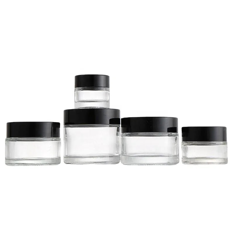 5ml 10ml 15ml 20ml 25ml 30ml 50ml 60ml 100ml Clear Glass Empty Custom Hand Lotion Cream Jar With Black Lids and White Spoons
