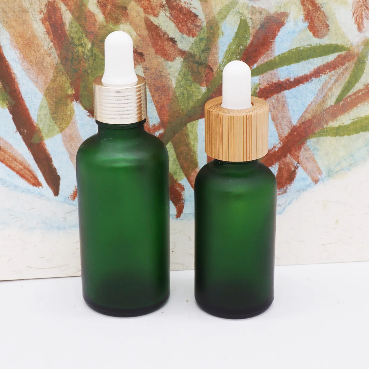 Frosted Green Round Bottle Serum 50 ml with Bamboo Dropper Lid