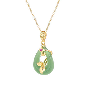AA016360 Gold Plated Titanium Steel Lotus Oval Non-fading Clavicle Chain Green White Jade Necklace