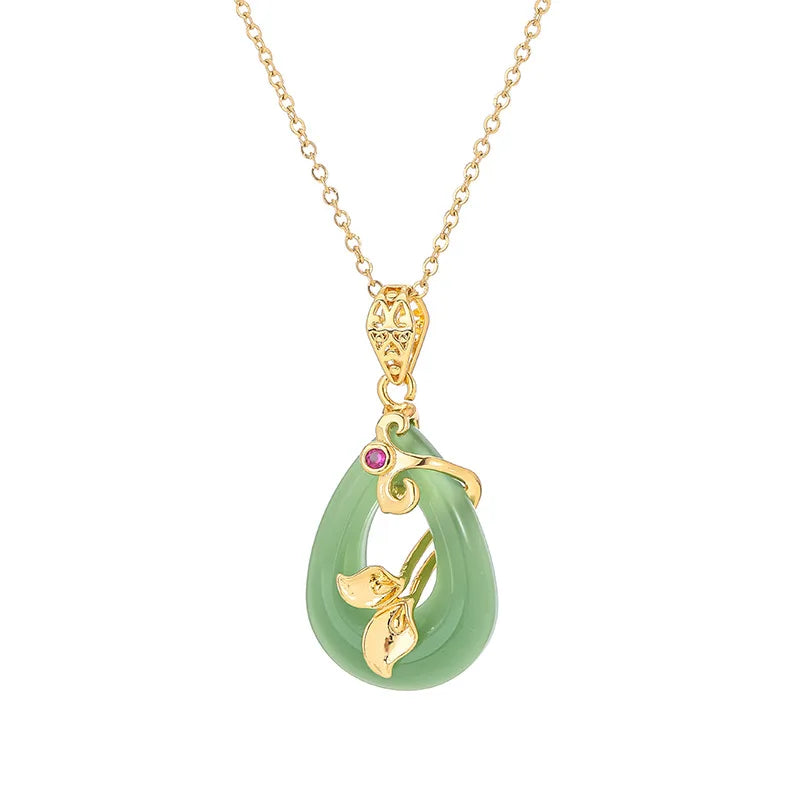 AA016360 Gold Plated Titanium Steel Lotus Oval Non-fading Clavicle Chain Green White Jade Necklace