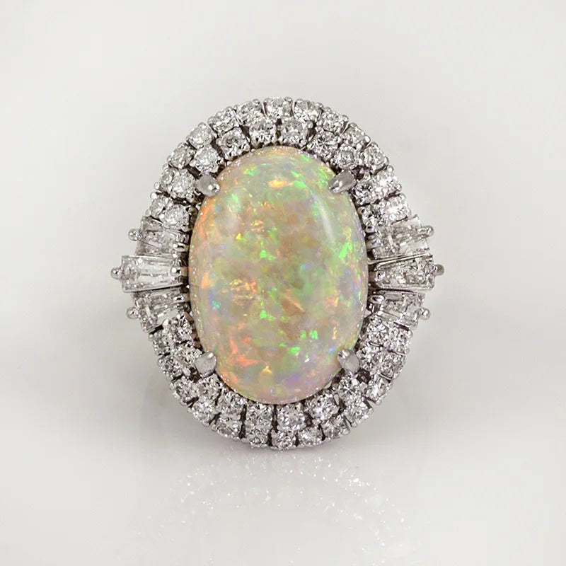 Huitan Shiny Super Large Oval Gemstone Full Around Zircon Rings Girls Lady Beautiful Noble Big Opal Silver Rings Woman