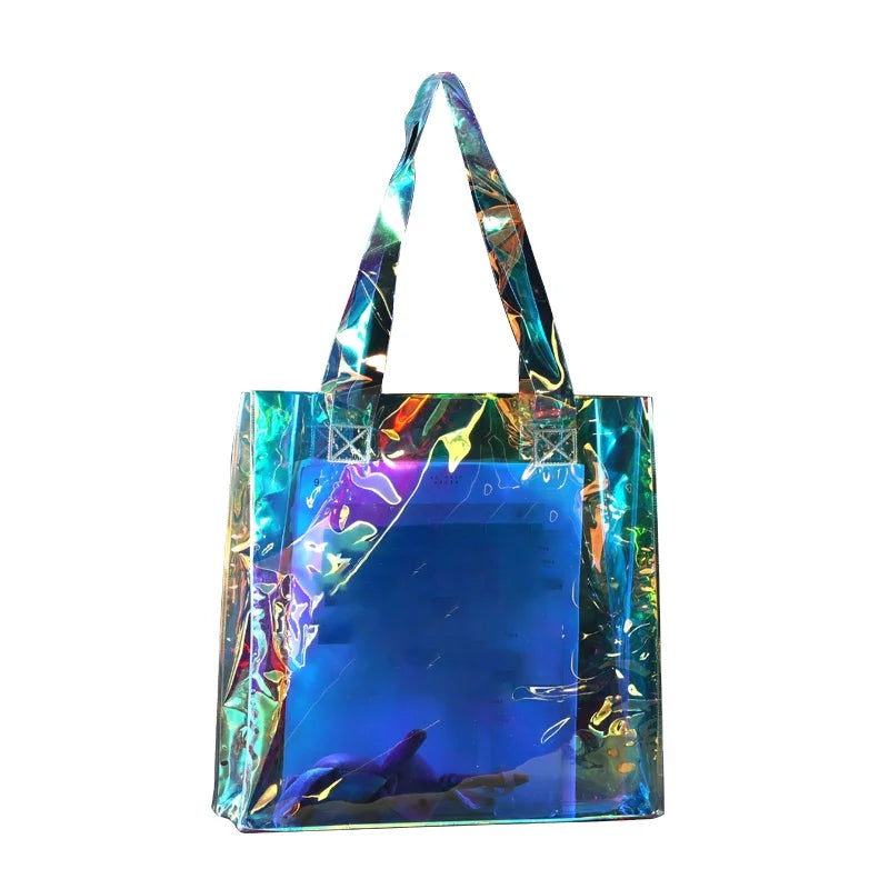 2022 Fashionable Custom logo Laser Holographic Iridescent Waterproof PVC Shopping Tote Bag