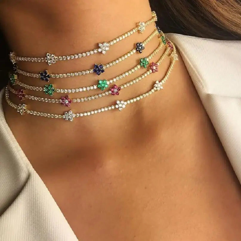 NZ1354 Fashion Dainty Chic 18K Gold Plated Cubic Zircon CZ Floral Flower Station Tennis Choker Women  Necklace