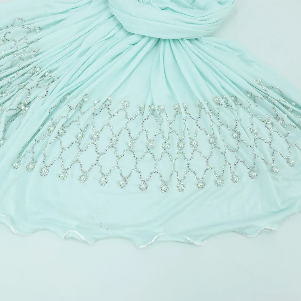 Top Sell New Customize Jersey Hijab High Quantity Customize Stones and Pearls Stretchy Jersey Hijab Scarfs Shawls