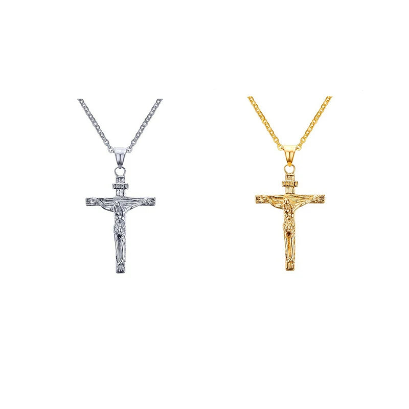 HOVANCI Christian Jesus Mary Cross Pendant 18K Gold Plated Stainless Steel Chain Men Religious Necklace