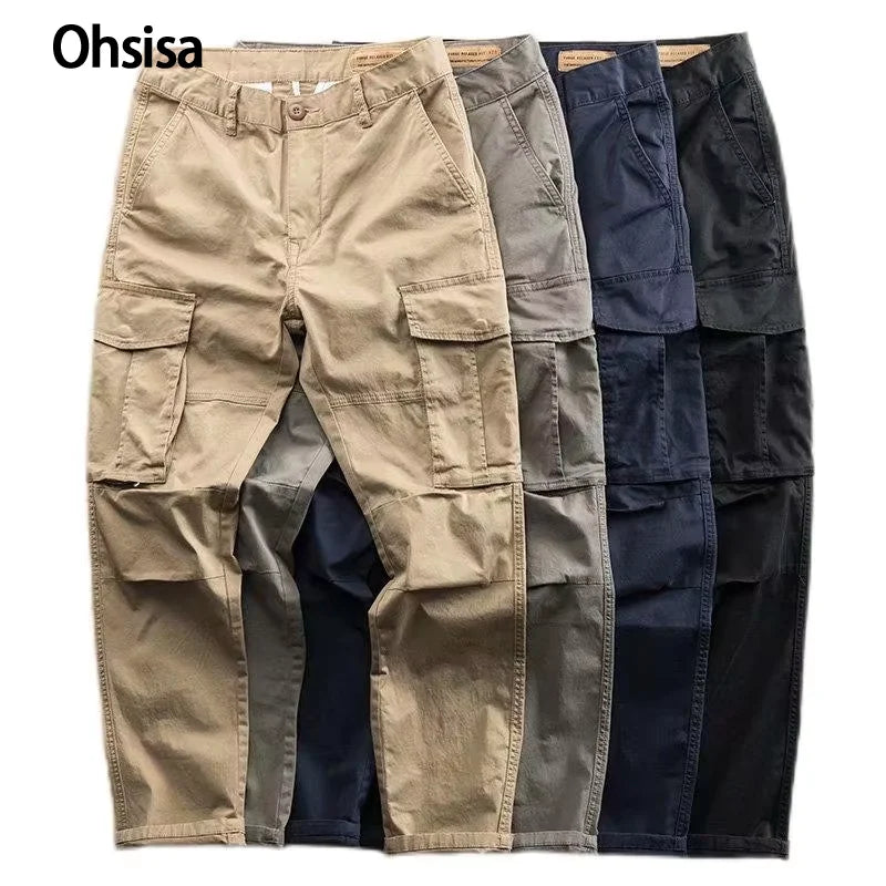 Ohsisa Men's Fashion Cargo Pants Multi-pocket Zipper Button Solid Color Straight Work Summer Spring Casual Trousers Long Pants
