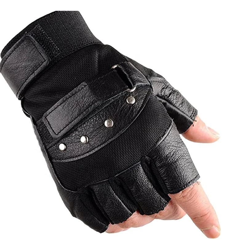 Men's Cycling Half Finger Genuine Leather Gloves Soft Lambskin Leather Driving Fingerless Gloves