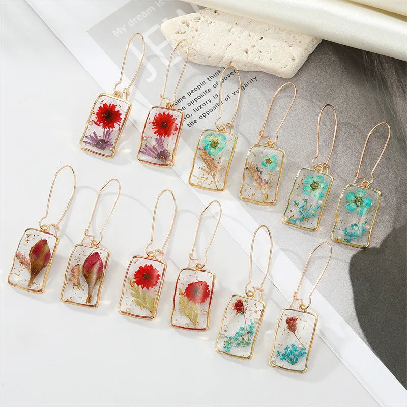 Korean Creative Irregular Rectangle Drop Earring Transparent Dried Flower Earrings Pearl Eternal Flower Earrings for Women
