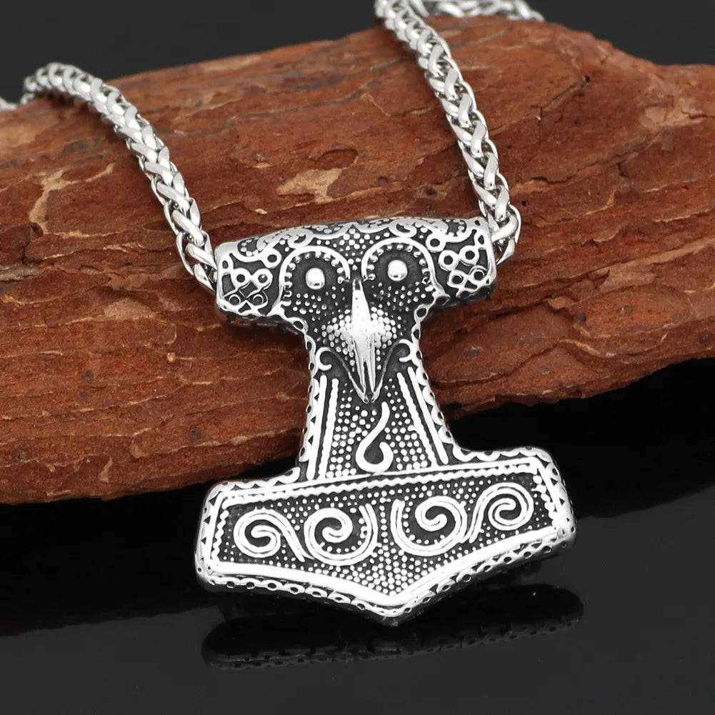 Viking Stainless Steel Odin Crow Raven Thor Hammer Pendant Necklace Link Chain Classic Style for Wedding Party Men's Jewelry
