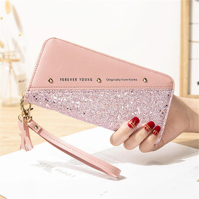 Fashion Long Women's Wallet Pu Leather Sequins Patchwork Ladies Wallets and Purses Women