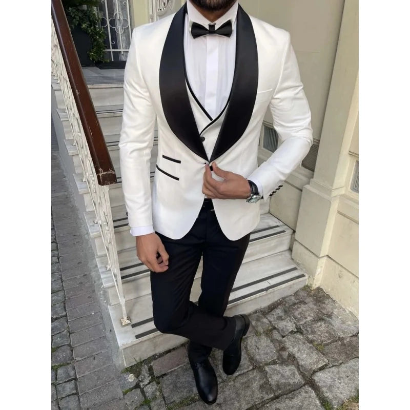 Slim Fit White Boho Wedding Tuxedos for Men Shawl Lapel Satin Pant 3 Pieces Dinner Prom Party Suits Groomsmen Suit Set Blazer