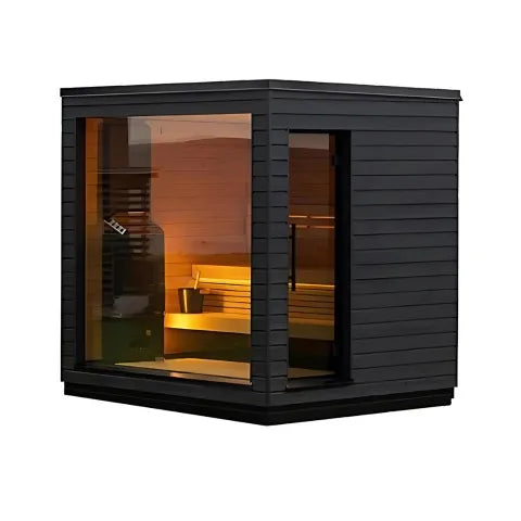 Outdoor Prefab Wooden Sauna Cabin With Corner View Glass Side Hinged Door & Built-in Tiered Benches For Home Backyard Spa Use