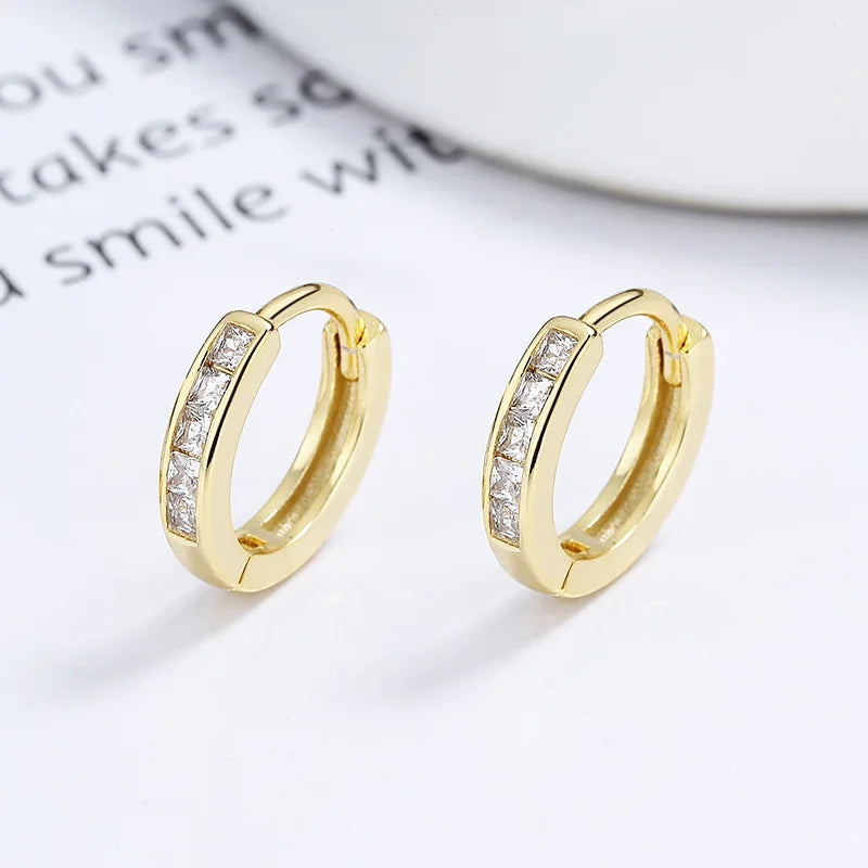 American European Fashion Jewelry 925 Sterling Silver Earring Simple square Zircon Gold Plated Hoop Earrings Women