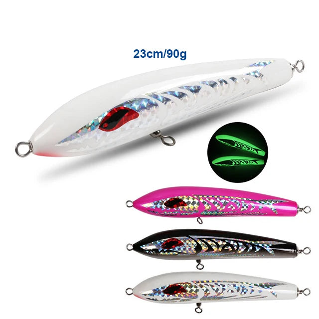 Top Quality Wooden Stickbait 23cm 90g Sinking Pencil Hard Fishing Pesca Luminous Stickbait Lure 3d Eyes Timber Lure