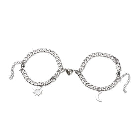 Stainless Steel Mix NK Chain Sun and Moon Pendants Couple Bracelet for Lovers SB049