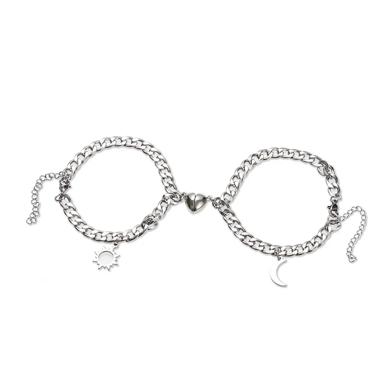 Stainless Steel Mix NK Chain Sun and Moon Pendants Couple Bracelet for Lovers SB049