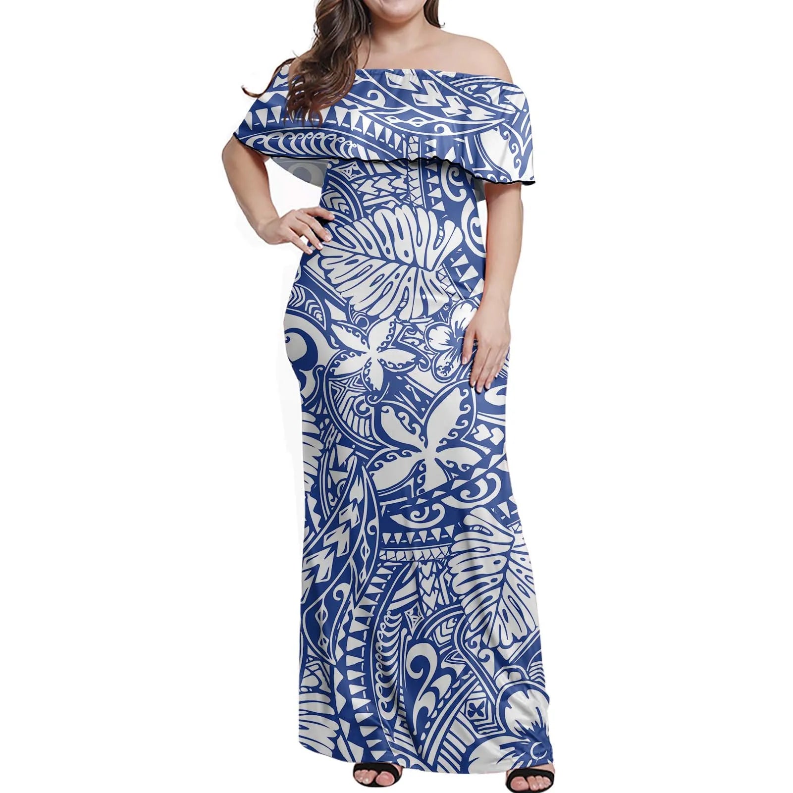 Plus Size 2025 Polynesian Tribal American Samoa Plumeria Print Custom Women Straight Natural Casual Vintage Elegant Floor-Length
