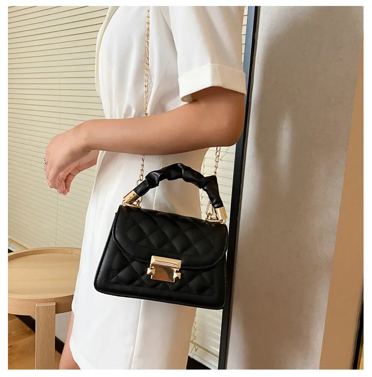 Waterproof Durable Rhombus Pattern Women's Lightweight Square Handbag  with Buckle Closure Golden Chain PU Shoulder Bag