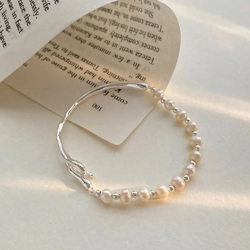 Unique Freshwater Pearl Bracelet Irregular 925 Sterling Silver Beaded Bracelet Bangle for Women Girl