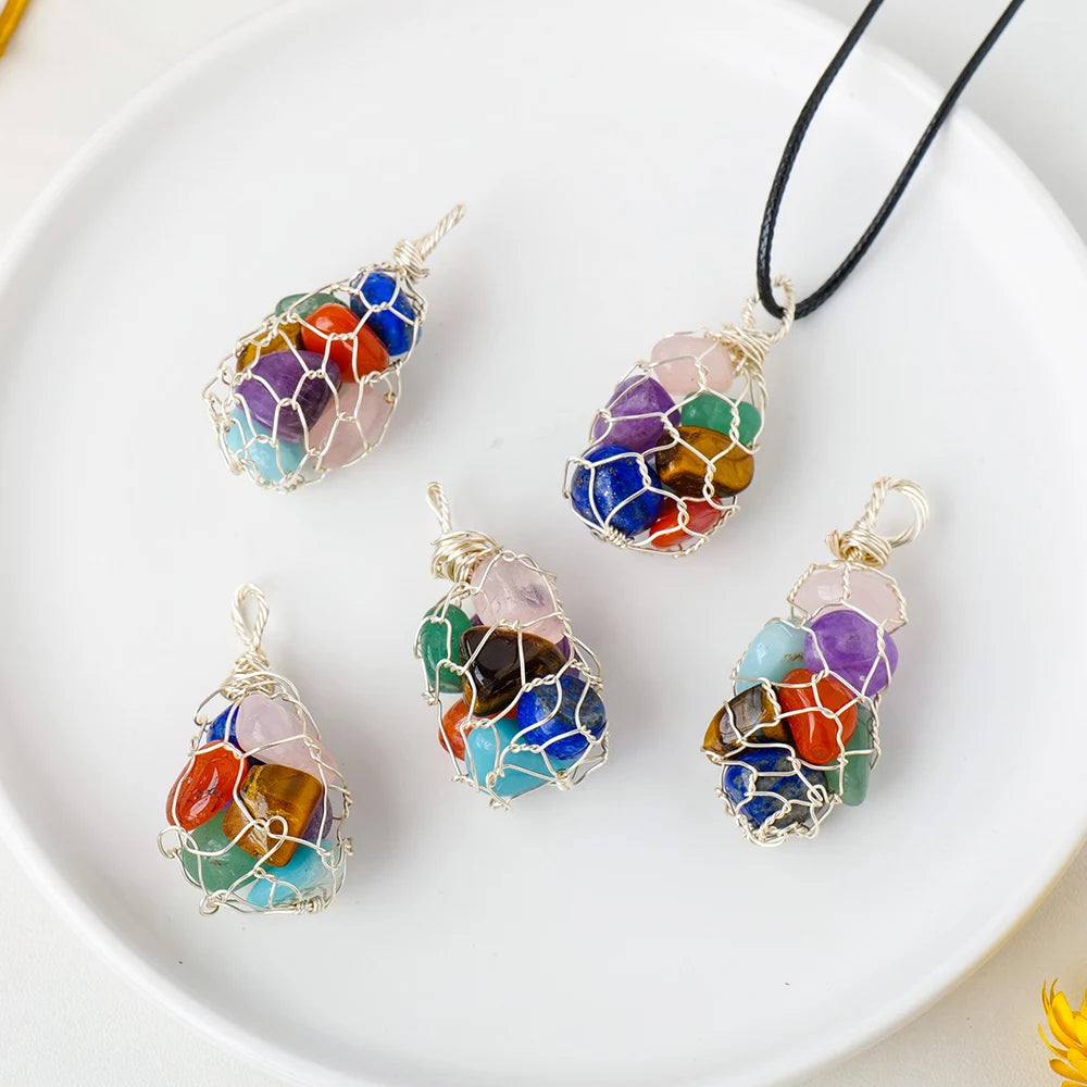 Natural Quartz Stone Seven Chakra Crystal Gravels Net Pocket Crystal Pendant