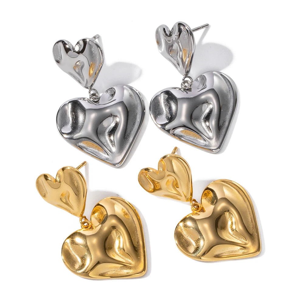 New Trendy 18K Gold Plated Stainless Steel Jewelry Gift Texture Double Heart Drop Earrings for Women