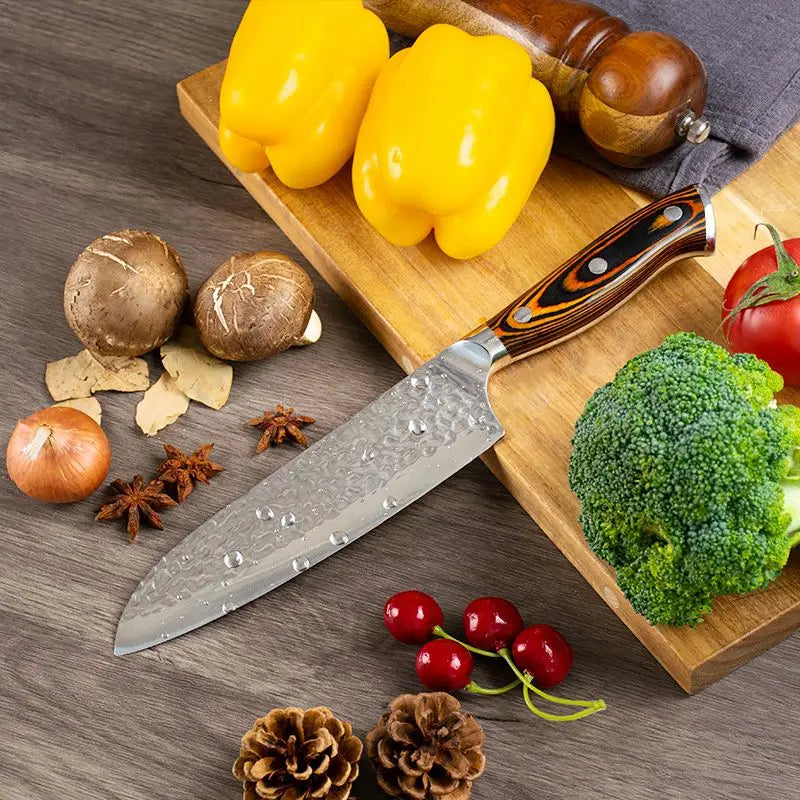 7 Inch 5cr15 Stainless Steel Hammer Pattern Kitchen Santoku Knife With Ergonomic Pakka Wood Handle