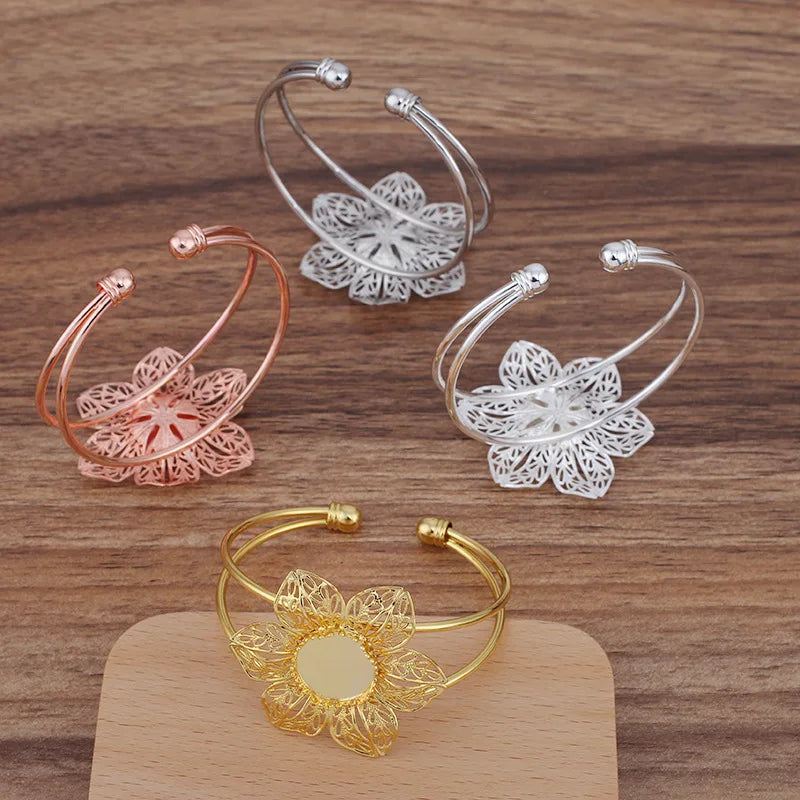 15mm Inner Size  Silver Plated Gold Flower Bangle Base Bracelet Blank Findings Tray Bezel Setting Cabochon Cameo Blanks