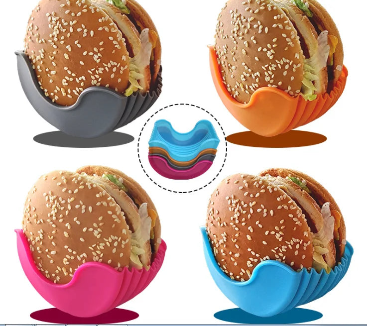 HelloWorld Kitchen Gadgets Silicone Burger Holder Reusable Foldable Burger Buddy Container Hamburger Box Portable