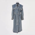 Women Denim Trench Coat Printed Sand Wash Double Breasted Lace up Regular Fit Long Coat Spring Autumn Winter