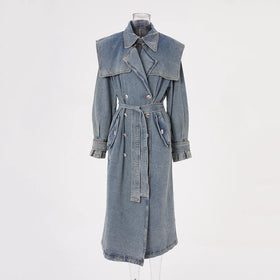 Women Denim Trench Coat Printed Sand Wash Double Breasted Lace up Regular Fit Long Coat Spring Autumn Winter