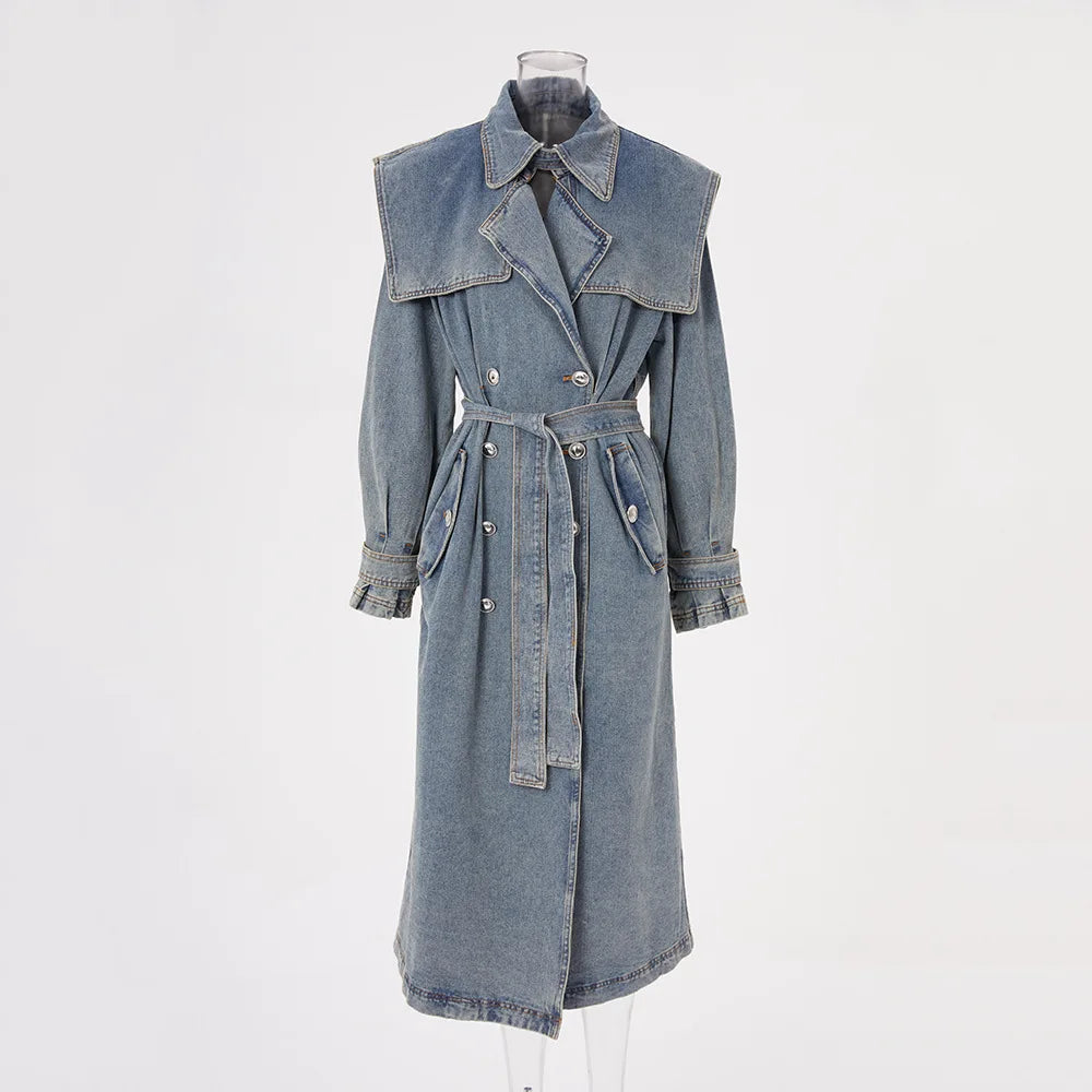 Women Denim Trench Coat Printed Sand Wash Double Breasted Lace up Regular Fit Long Coat Spring Autumn Winter