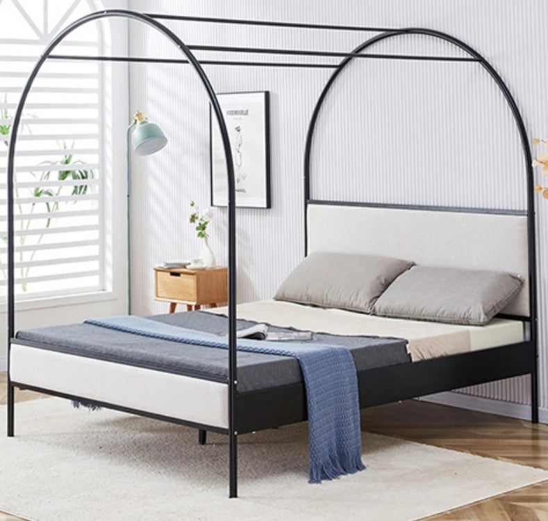 Arch Metal Queen Canopy Bed Frame With Upholstered Beige Fabric Headboard in Beige Color Bedroom Furniture Adult Bed