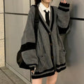 Deeptown Grey Striped Knitted Sweater Cardigan Women Korean Style Harajuku Oversize Jumper Preppy Fashion Female Tops Winter